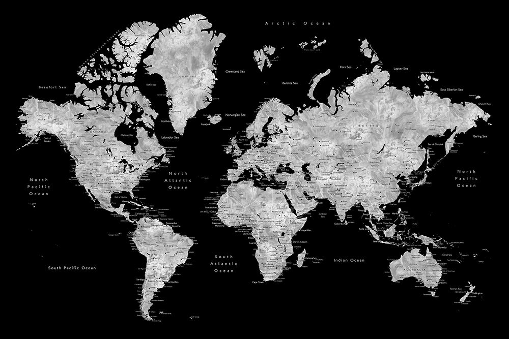 Gray world map with cities, Baibah art print by Rosana Laiz Blursbyai for $57.95 CAD