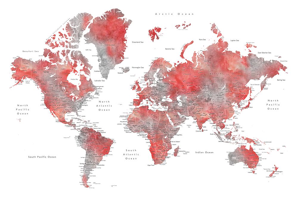 Red world map with cities, Lyssah art print by Rosana Laiz Blursbyai for $57.95 CAD