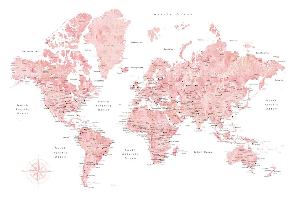 Pink watercolor world map with cities, Alheli art print by Rosana Laiz Blursbyai for $57.95 CAD