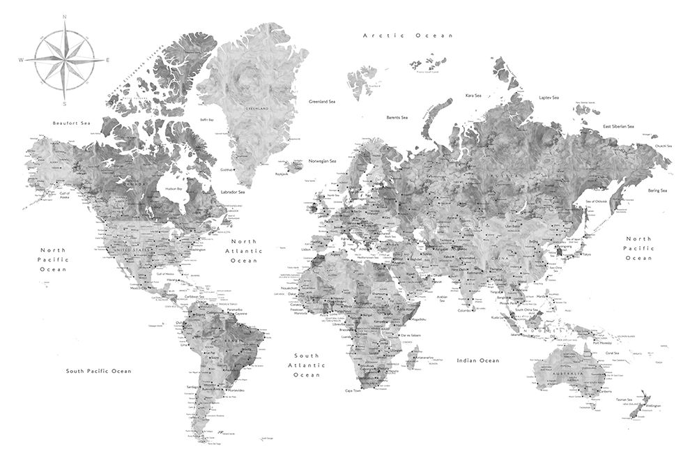 Grayscale watercolor world map with cities, Rylan art print by Rosana Laiz Blursbyai for $57.95 CAD