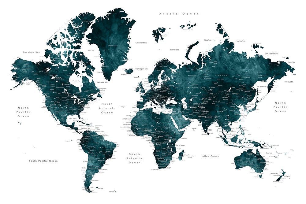 Dark teal world map with cities, Makani art print by Rosana Laiz Blursbyai for $57.95 CAD