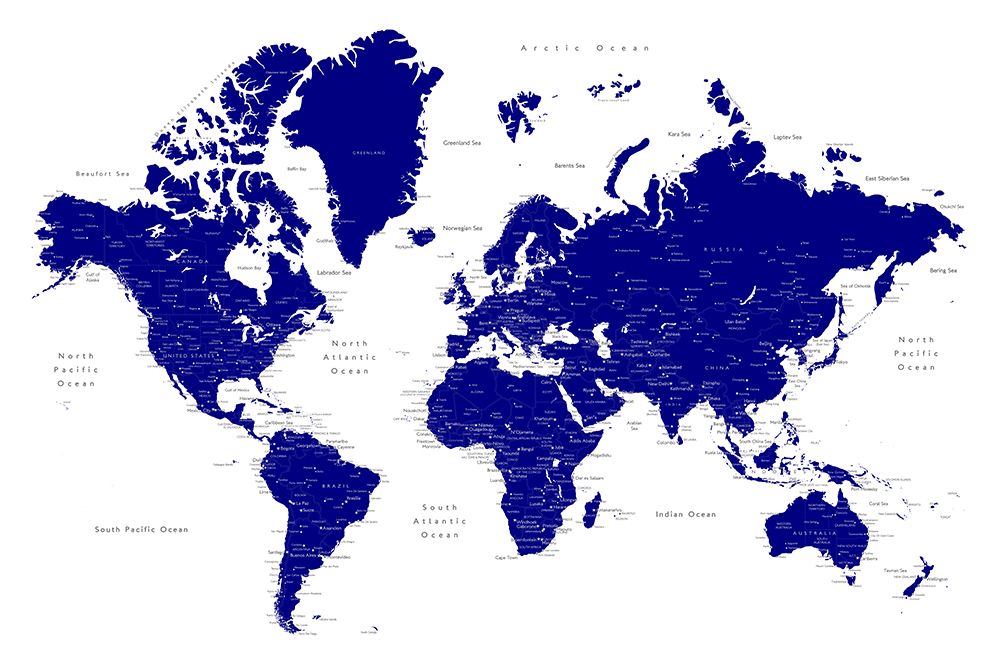 Navy blue world map with cities, Nevin art print by Rosana Laiz Blursbyai for $57.95 CAD