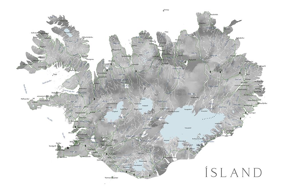 Island - Iceland map in gray watercolor with native labels art print by Rosana Laiz Blursbyai for $57.95 CAD