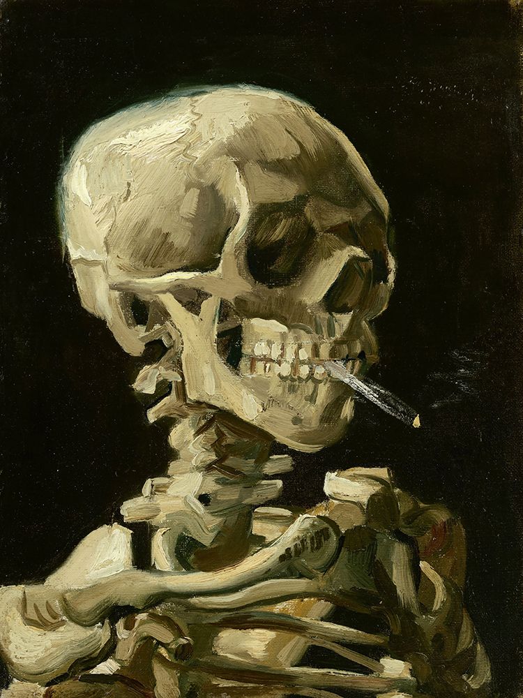 Head of a skeleton with a burning cigarette art print by Pictufy for $57.95 CAD
