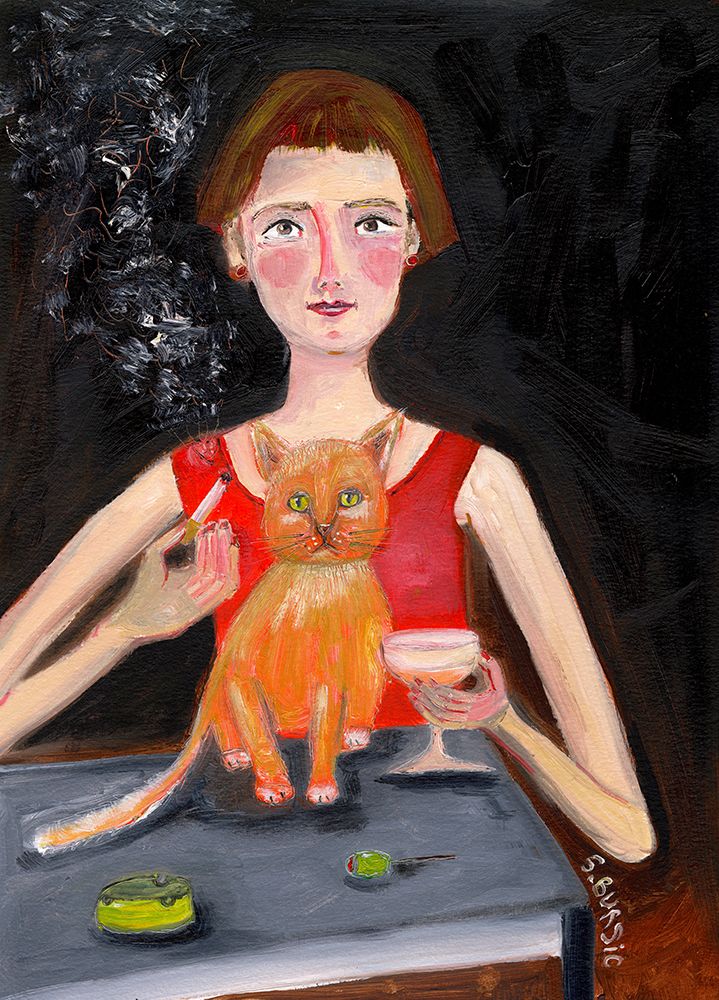 Vintage woman with cocktail and cat art print by Sharyn Bursic for $57.95 CAD