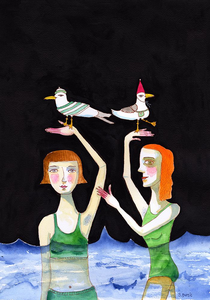 Best Friends Swimming with birds art print by Sharyn Bursic for $57.95 CAD