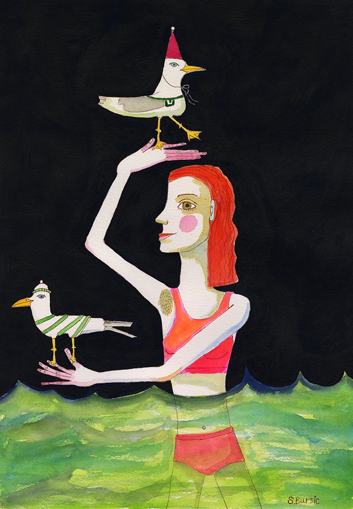 Swimming Lady with birds art print by Sharyn Bursic for $57.95 CAD