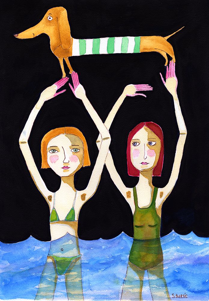 Swimming Girls with Sausage Dog art print by Sharyn Bursic for $57.95 CAD