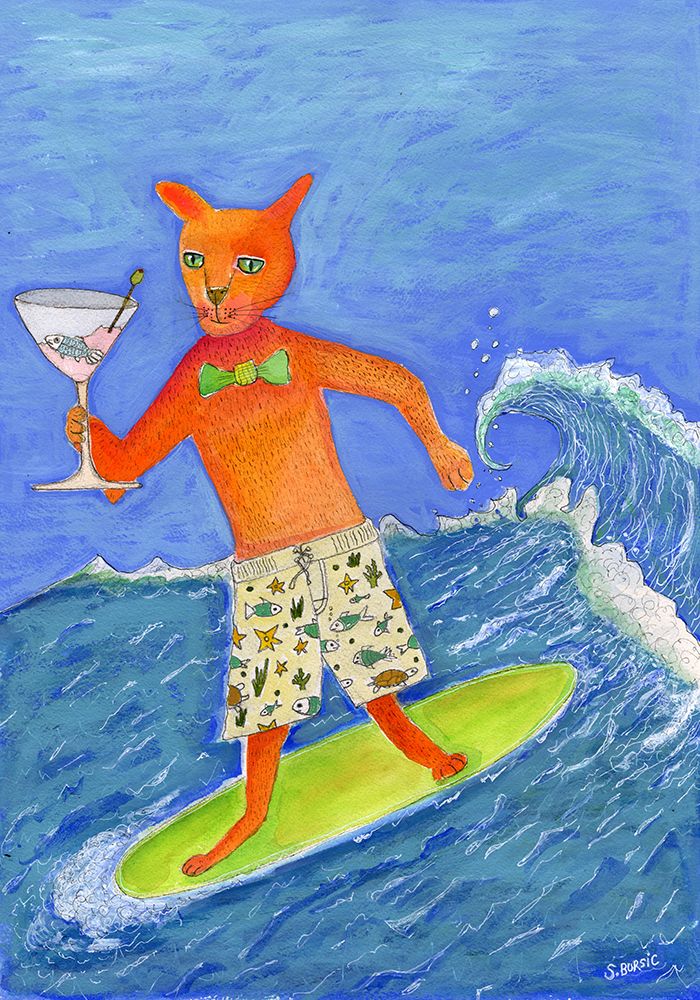 Surfing Cocktail Cat art print by Sharyn Bursic for $57.95 CAD