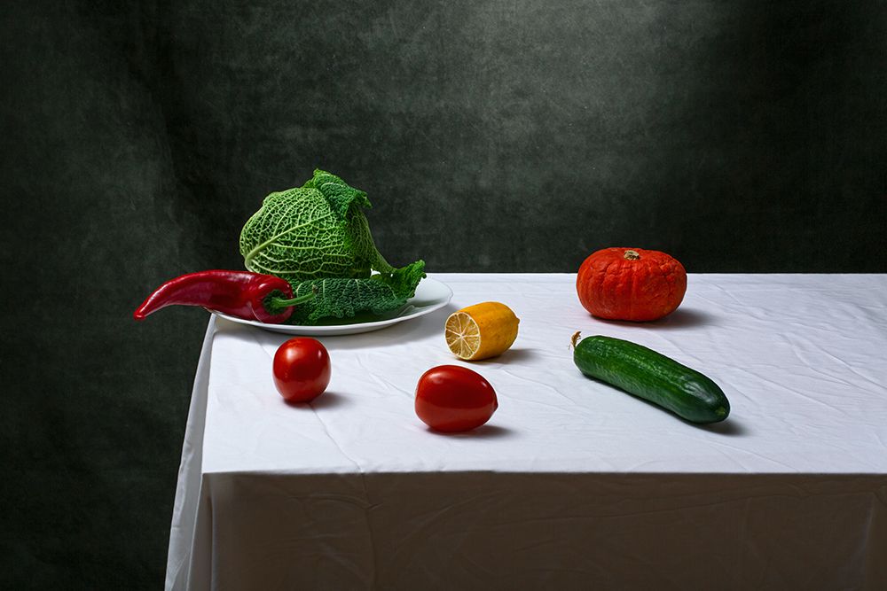Still Life With Savoy Cabbage, Tomatoes, Cucumber, Red Pepper, Lemon And Pumpkin art print by Brig Barkow for $57.95 CAD