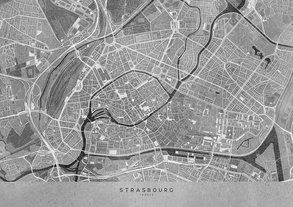Gray vintage map of Strasbourg downtown France art print by Rosana Laiz Blursbyai for $57.95 CAD