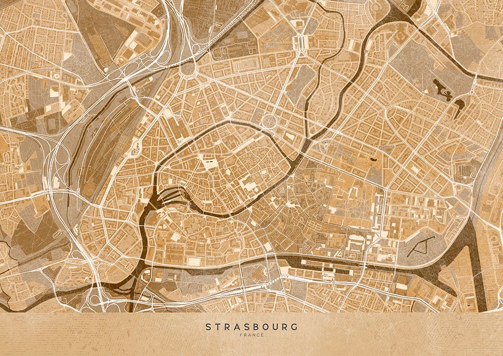 Sepia vintage map of Strasbourg downtown France art print by Rosana Laiz Blursbyai for $57.95 CAD