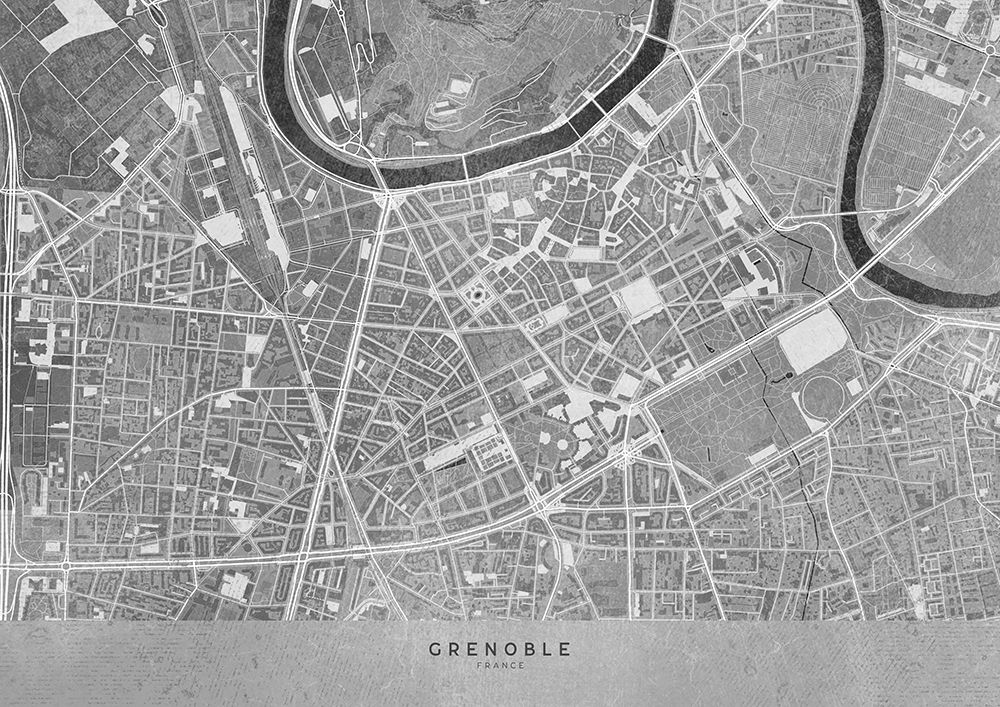 Gray vintage map of Grenoble downtown France art print by Rosana Laiz Blursbyai for $57.95 CAD