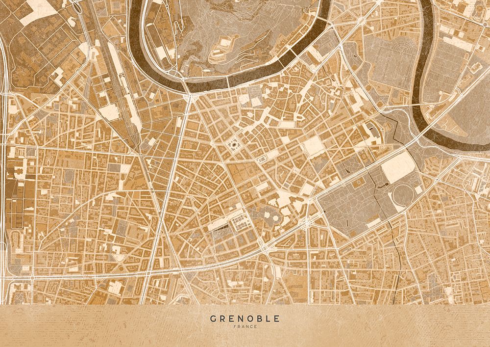 Sepia vintage map of Grenoble downtown France art print by Rosana Laiz Blursbyai for $57.95 CAD