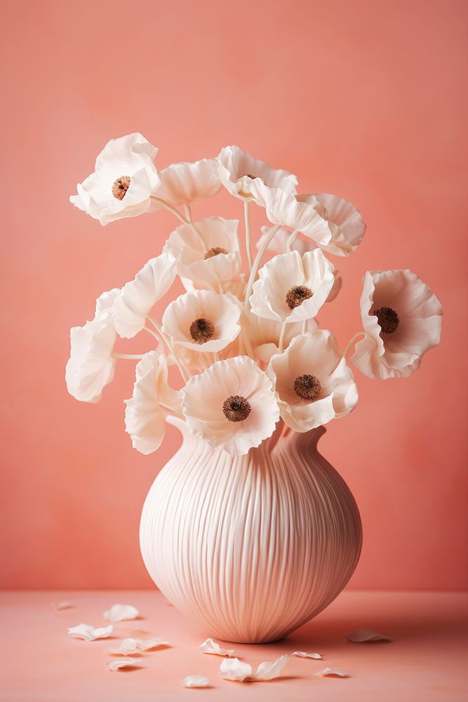 White Poppy On Coral Background art print by Treechild for $57.95 CAD