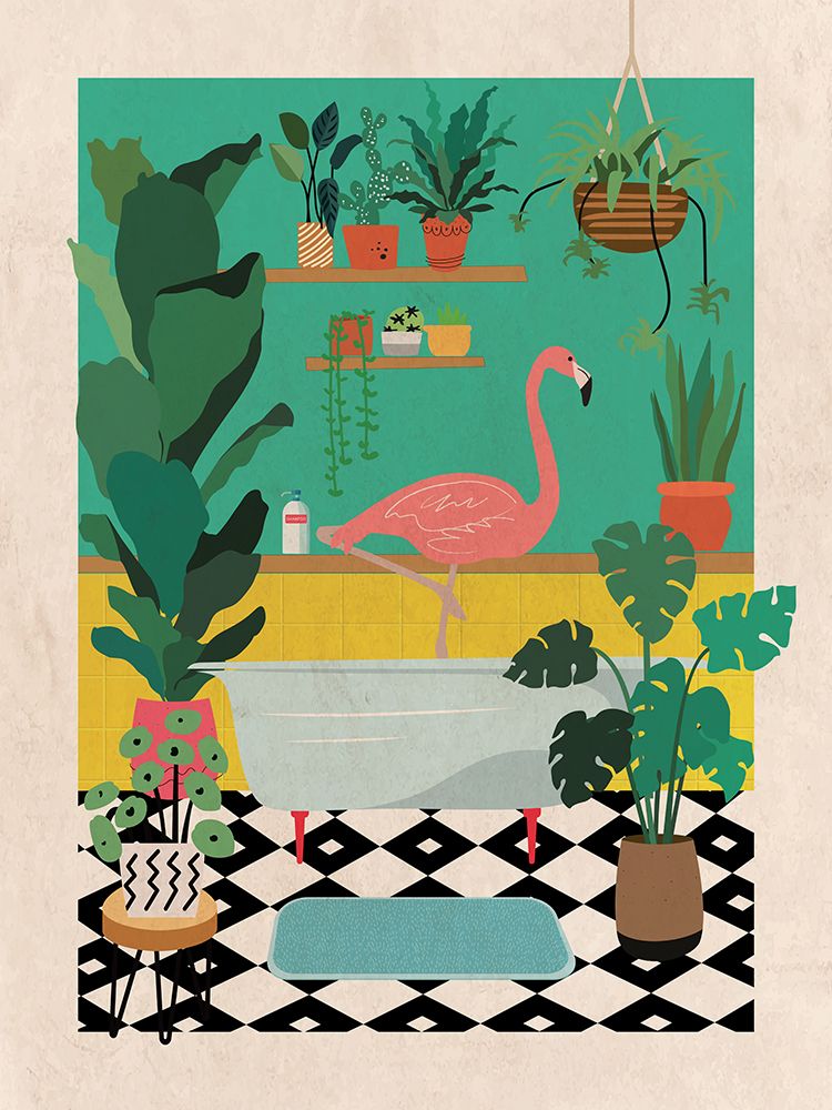 Flamingo Bathtime art print by Jon Downer for $57.95 CAD