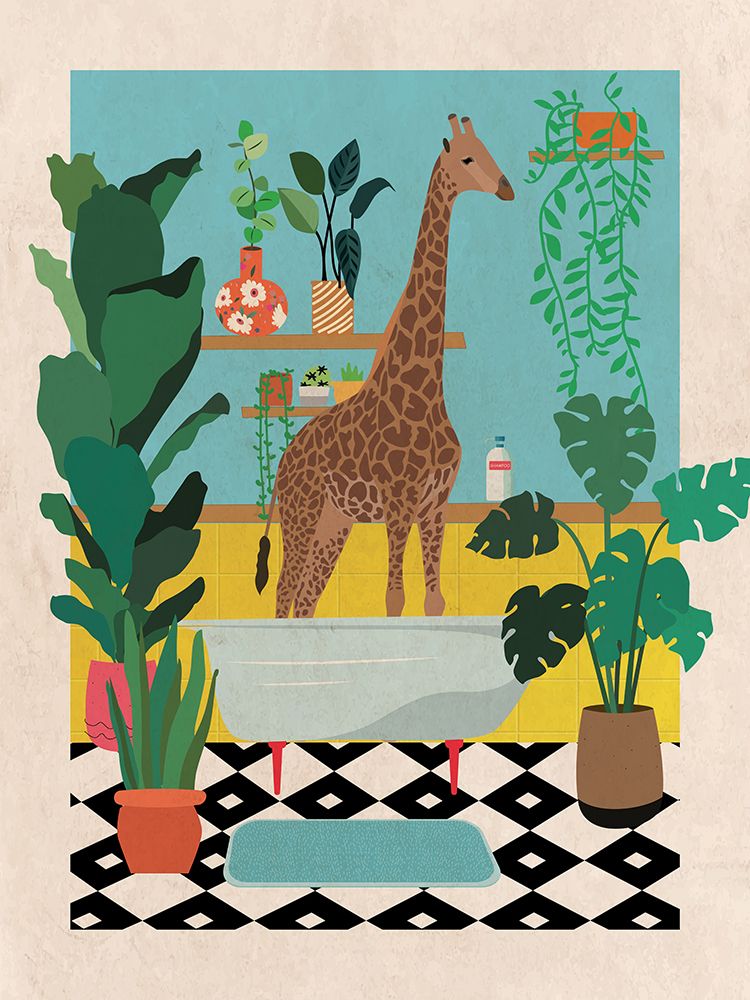 Giraffe Bathtime art print by Jon Downer for $57.95 CAD