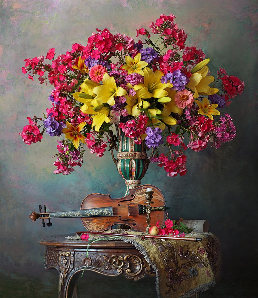 Still Life With Violin And Flowers art print by Andrey for $57.95 CAD