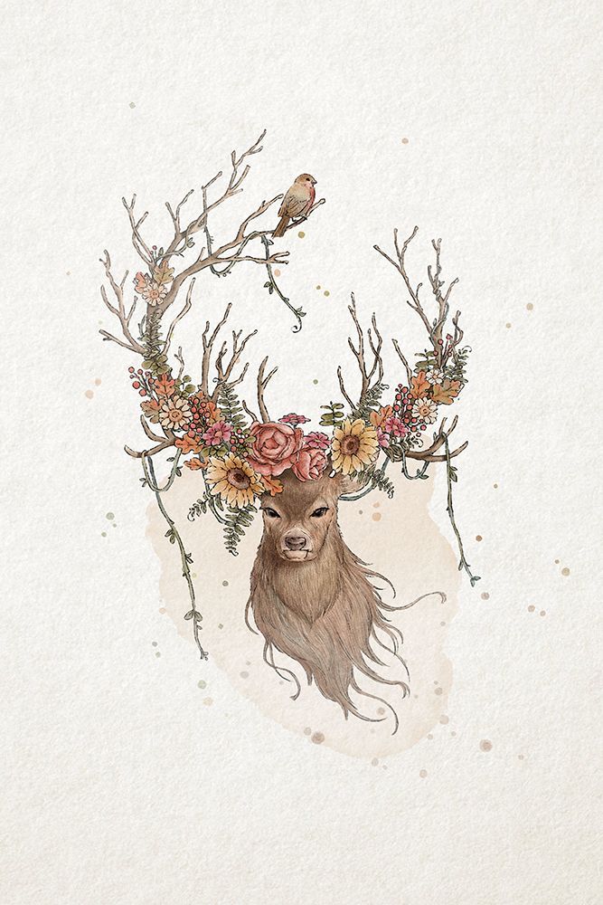 Deer and flowers art print by Xuan Thai for $57.95 CAD
