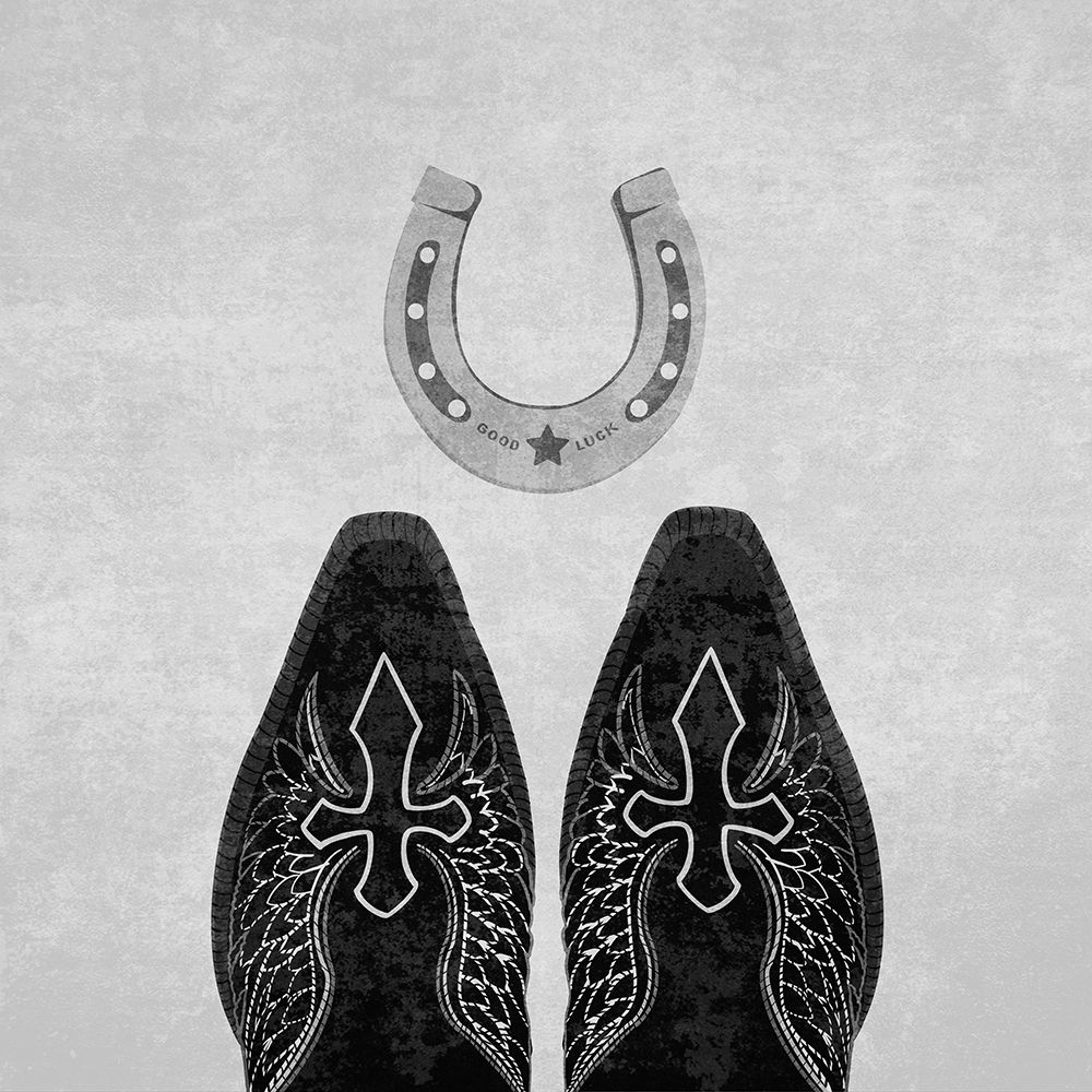 Bw Cowboy Boots And Horseshoe art print by Emel Tunaboylu for $57.95 CAD