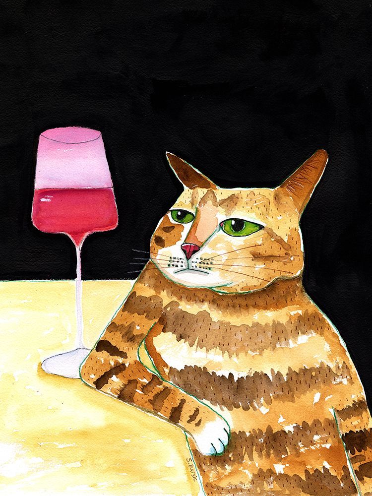 Cat Friday Night Drinks Wine Funny Cat Humour art print by Sharyn Bursic for $57.95 CAD