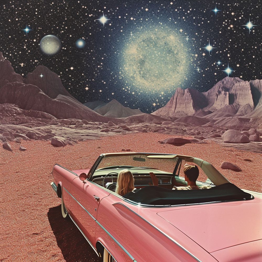 Pink Vintage Car In Space Collage Art 2 art print by Samantha Hearn for $57.95 CAD