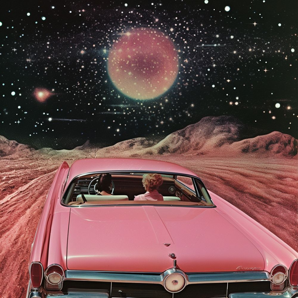 Pink Vintage Car in Space Collage Art art print by Samantha Hearn for $57.95 CAD