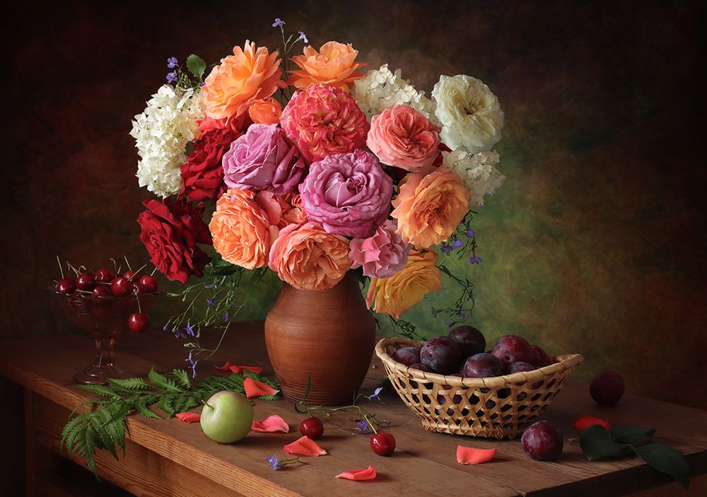 Still Life With A Bouquet Of Roses And Plums art print by Tatyana Skorokhod for $57.95 CAD