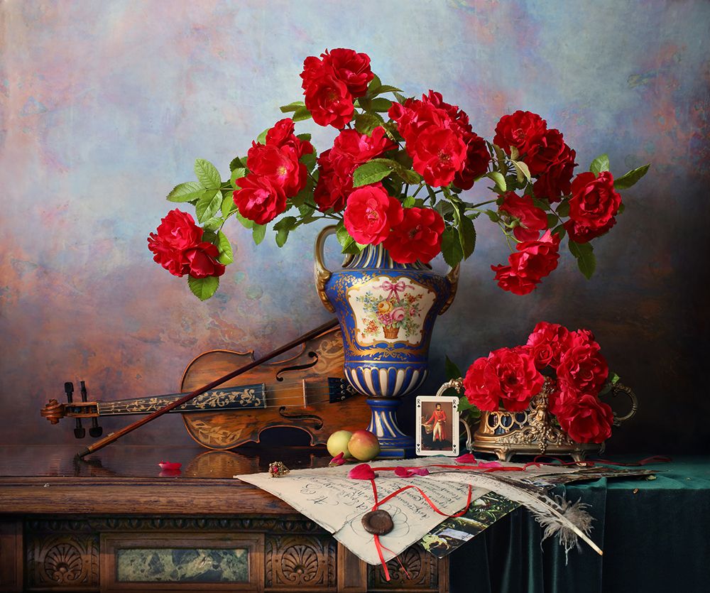 Still Life With Violin And Red Roses art print by Andrey Morozov for $57.95 CAD