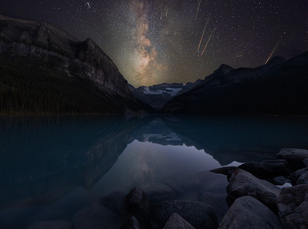 Perseid meteor shower at Lake Louise art print by Louise Yu for $57.95 CAD