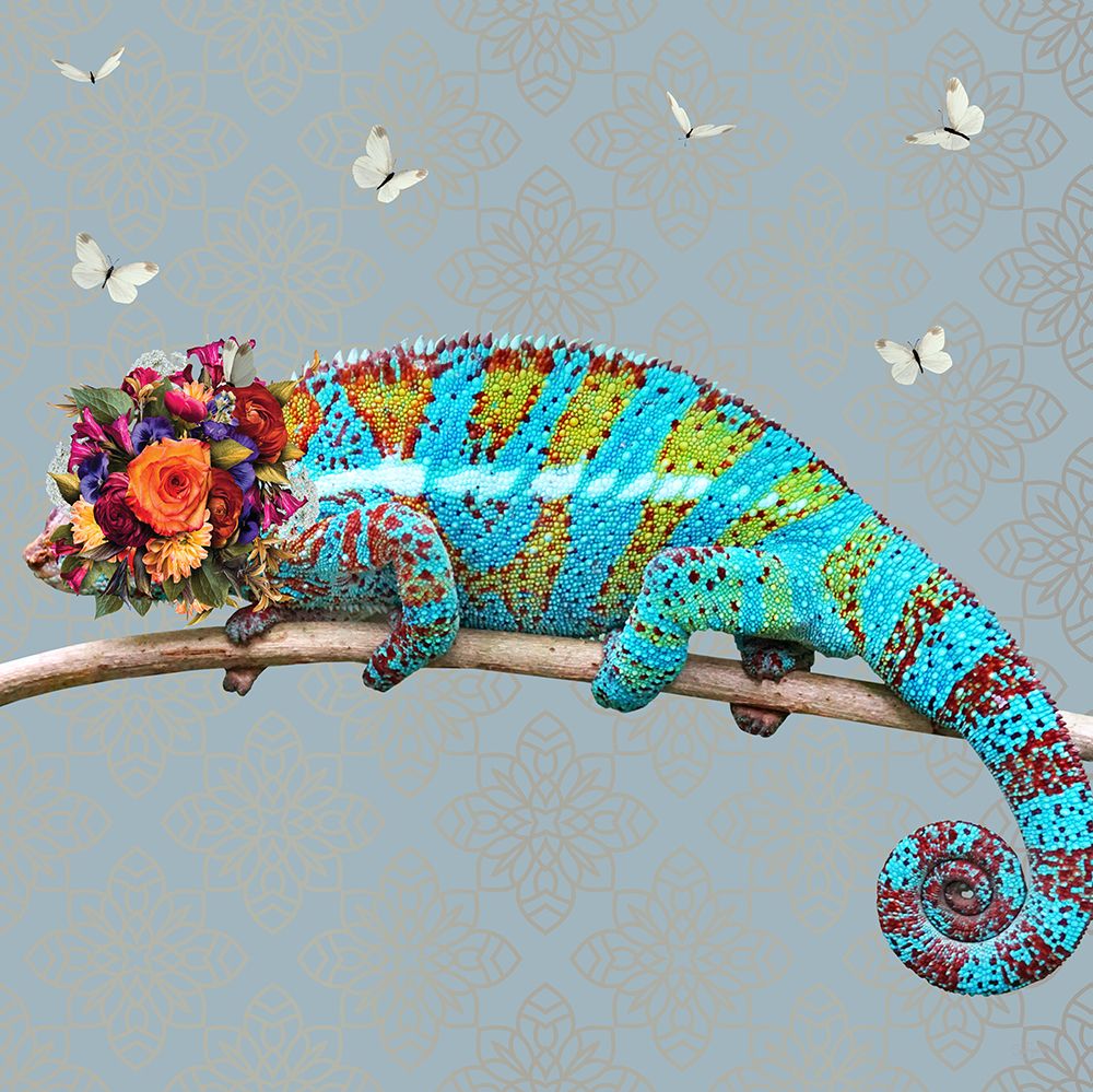 Spring Flower Bonnet On Chameleon art print by Sue Skellern for $57.95 CAD