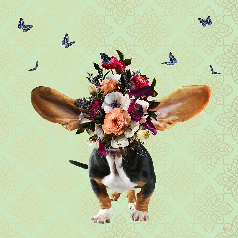 Spring Flower Bonnet On Doggy art print by Sue Skellern for $57.95 CAD