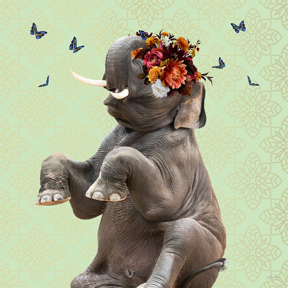 Spring Flower Bonnet On Elephant art print by Sue Skellern for $57.95 CAD