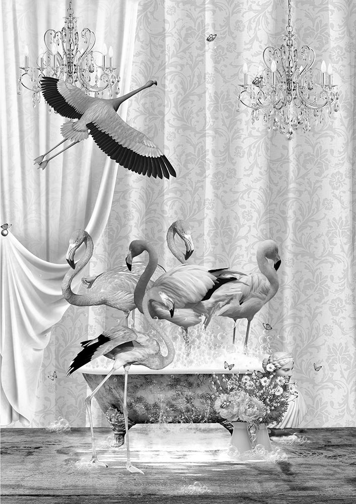 A Flurry Of Flamingos A Bubbles Black A White art print by Sue Skellern for $57.95 CAD