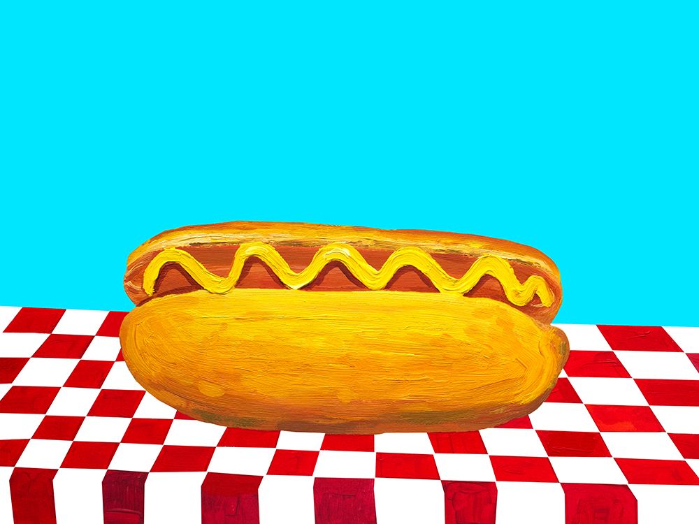 Hot Dog With Mustard Red Check Blue art print by Alice Straker for $57.95 CAD