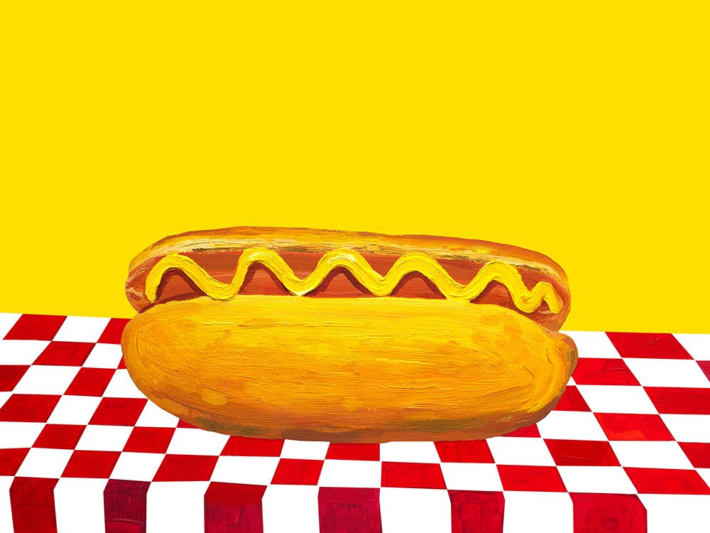 Hot Dog With Mustard Red Check Yellow art print by Alice Straker for $57.95 CAD