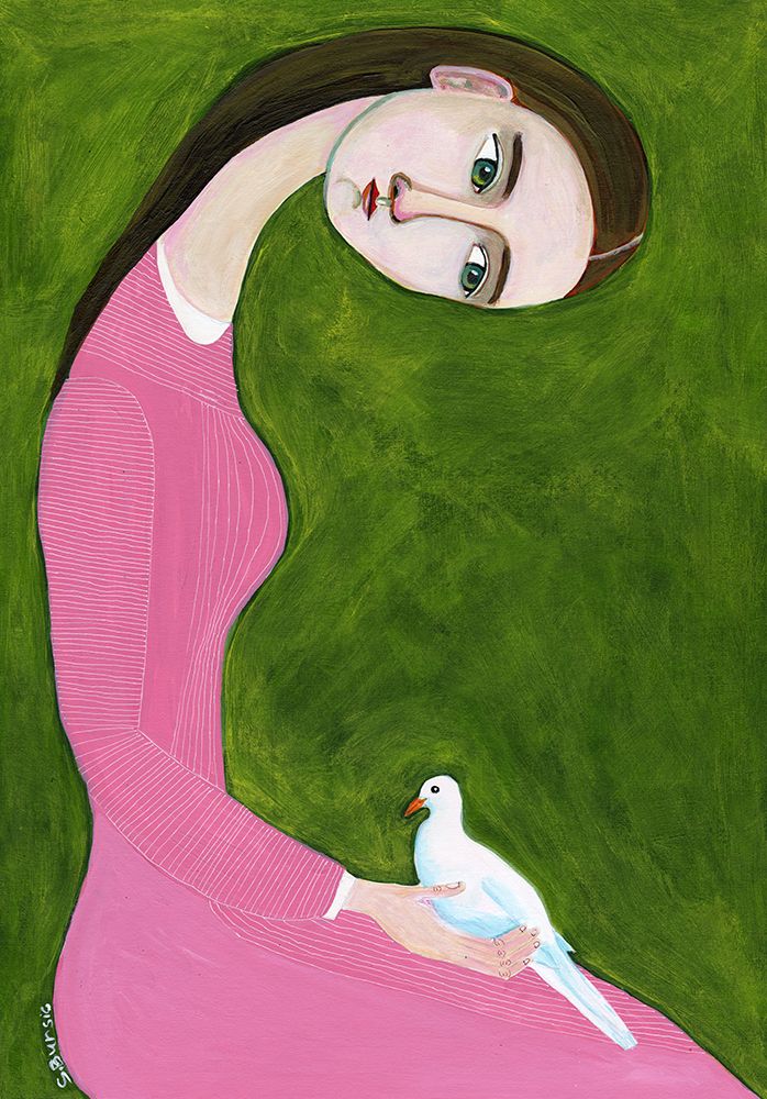 Girl With Dove Sitting With Pink Dress art print by Sharyn Bursic for $57.95 CAD