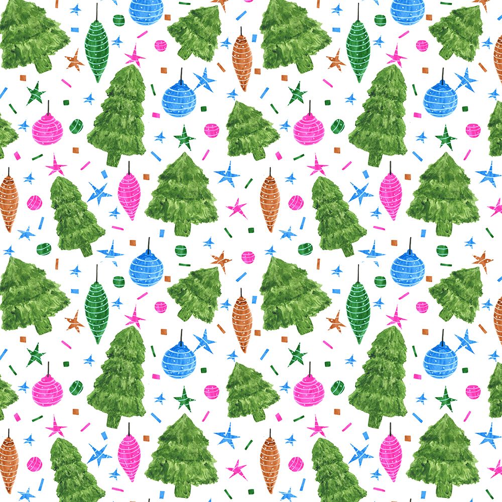 Pink Blue Green Christmas Trees and Bulbs art print by Michele Channell for $57.95 CAD