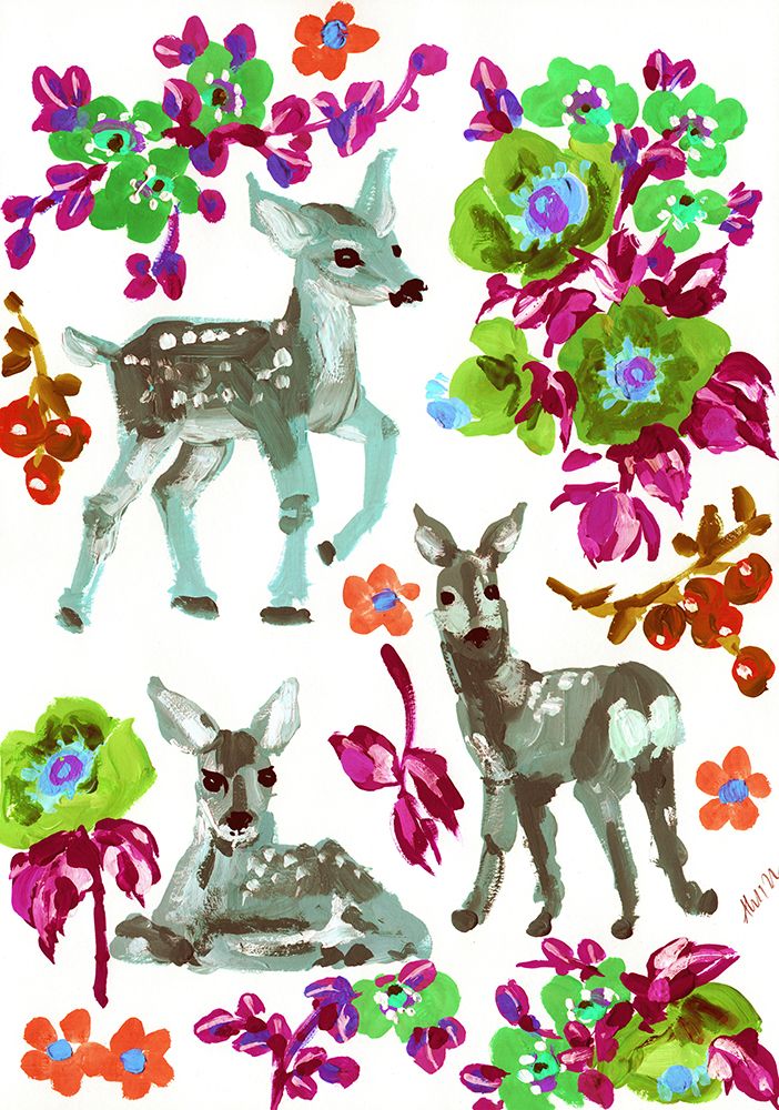 Winter Deer, Green Flowers art print by Ania Zwara for $57.95 CAD