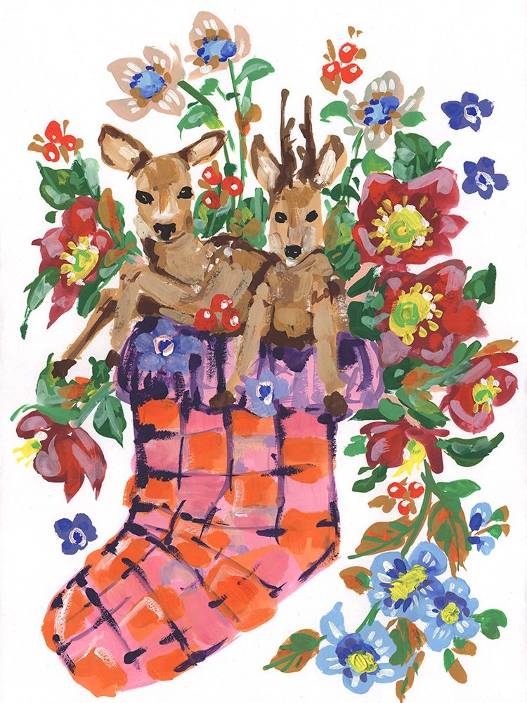 Deer In Stocking Red art print by Ania Zwara for $57.95 CAD