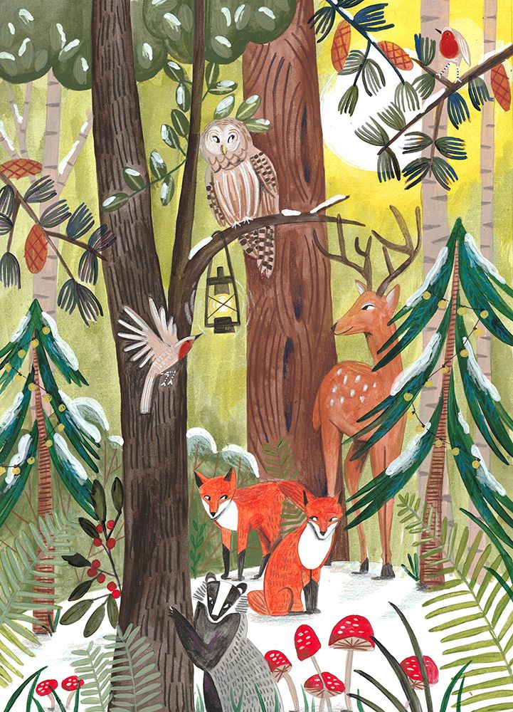 Green Christmas Forest With Animals art print by Caroline Bonne Muller for $57.95 CAD