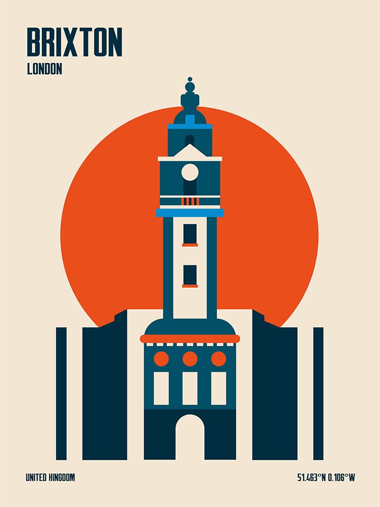 Brixton Tower Retro Travel Print art print by Retrodrome for $57.95 CAD