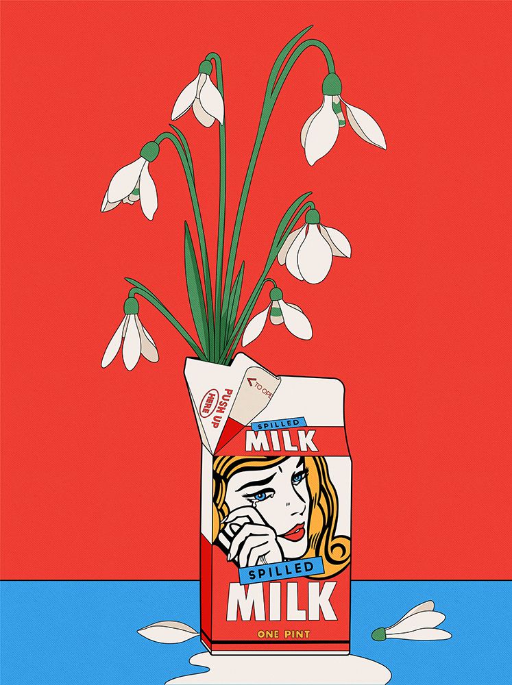 Snowdrops in Spilled Milk Carton Retro Illustration art print by Retrodrome for $57.95 CAD