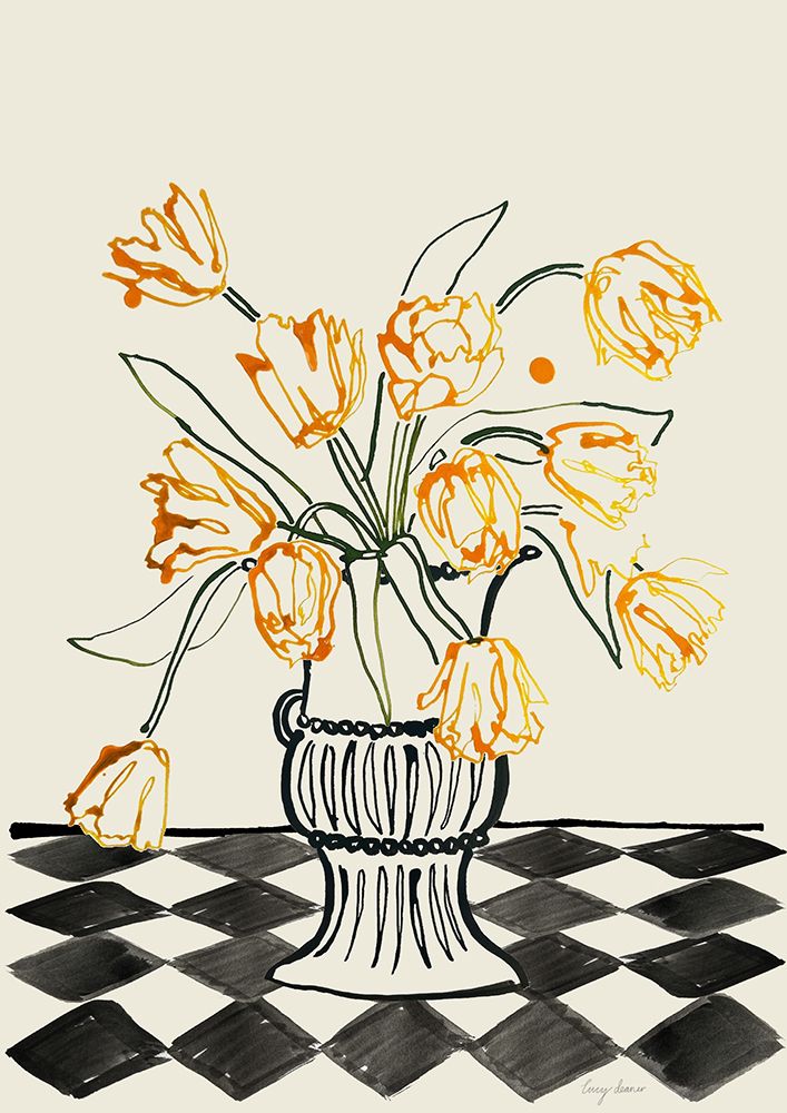 Orange Tulips In a Vase with Checkered Diamonds art print by Lucy Deaner for $57.95 CAD