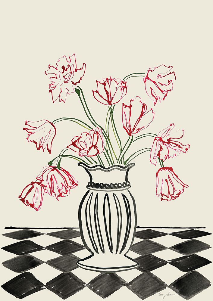 Pink Tulips In a Vase with Checkered Diamonds art print by Lucy Deaner for $57.95 CAD