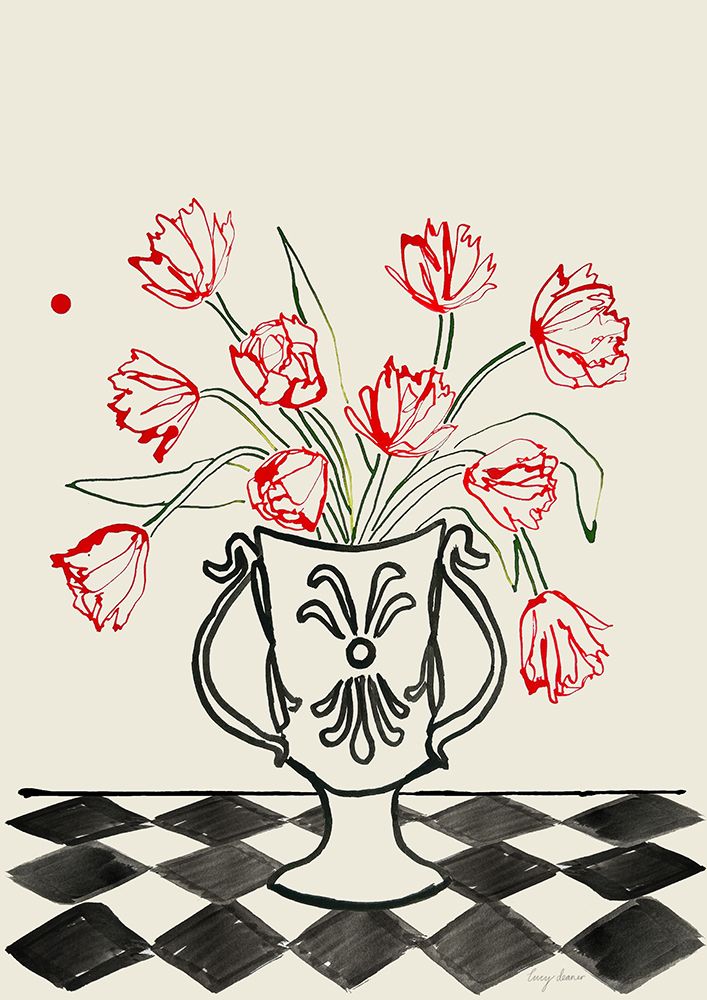 Red Tulips In a Vase with Checkered Diamonds art print by Lucy Deaner for $57.95 CAD