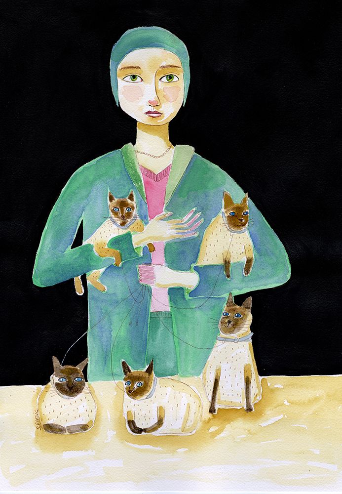 Lady with Five Siamese Cats art print by Sharyn Bursic for $57.95 CAD