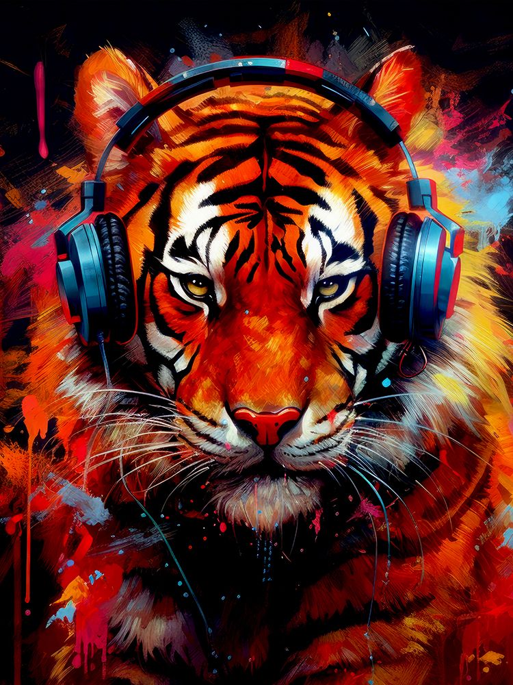 Tiger With Headphones animal art print by Justyna Jaszke for $57.95 CAD