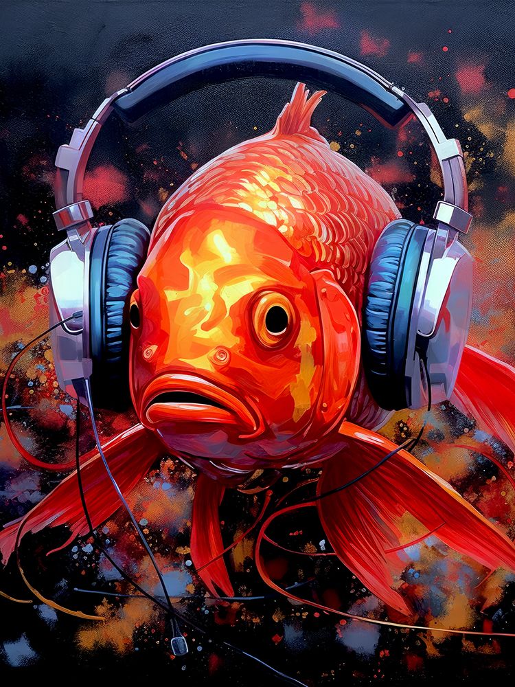 Gold Fish With Headphones animal art print by Justyna Jaszke for $57.95 CAD