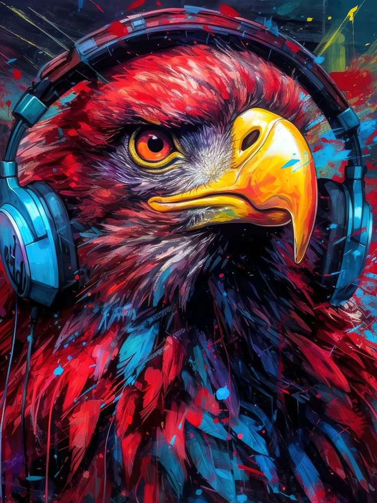 Eagle With Headphones animal art print by Justyna Jaszke for $57.95 CAD